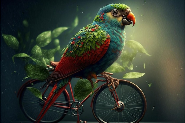 a colorful bird on a bicycle with leaves and a bicycle