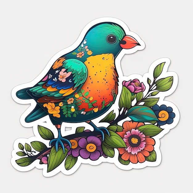 Foto cartone animato uccello colorato con adesivo fiori