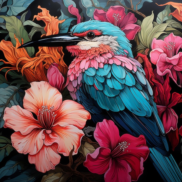 Colorful bird and flowers