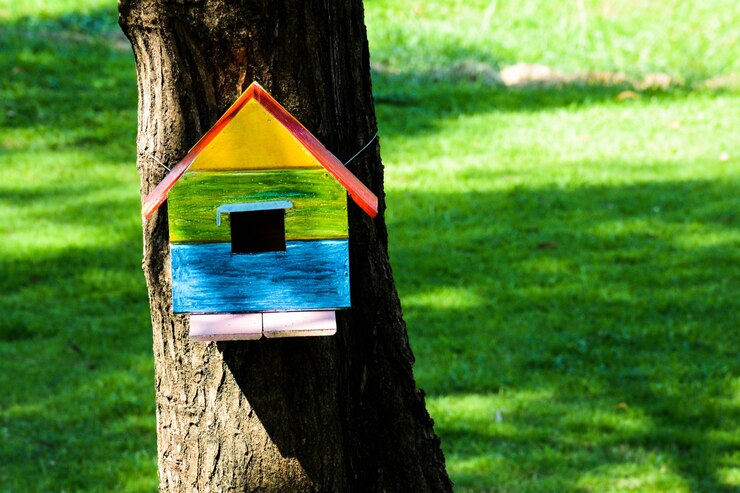 Photo colorful bird house on the tree