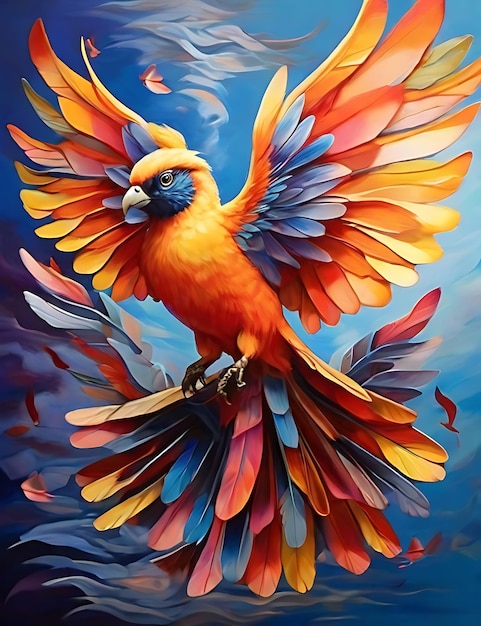 A colorful bird is flying in the sky