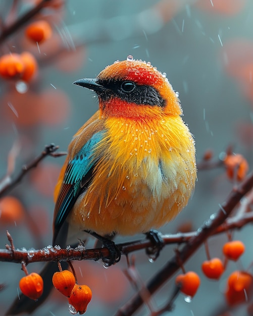 красочная птица сидит на ветке с ягодами