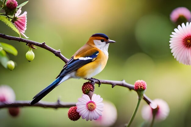 A colorful bird is perched on a branch with flowers