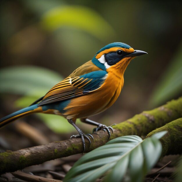 A colorful bird is perched on a branch with leaves