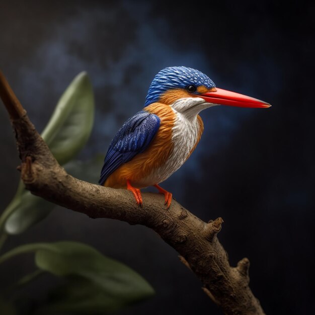 a colorful bird is sitting on a branch with a dark background.