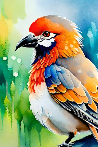 A colorful bird is sitting in a forest.