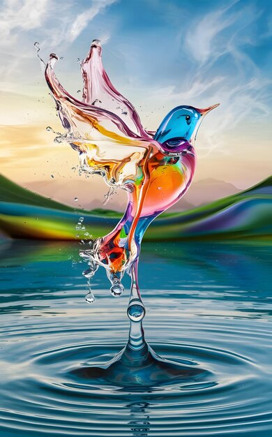 Photo a colorful bird is splashing in the water with a rainbow in the background