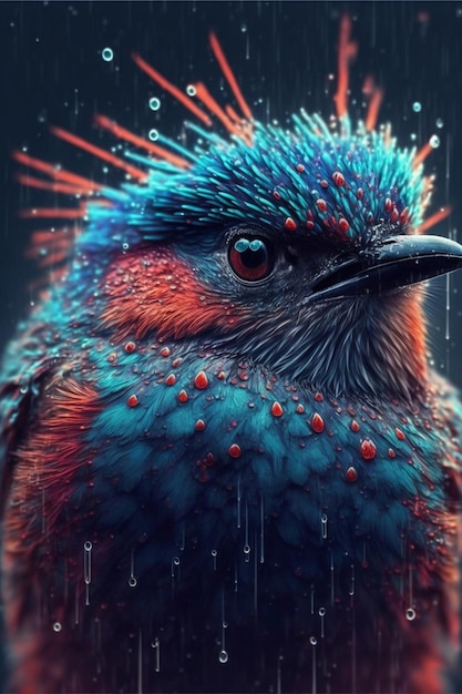 Colorful bird is standing in the rain generative ai