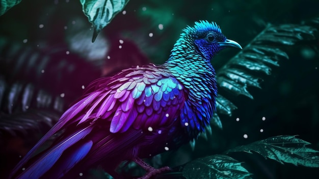 A colorful bird in the jungle with a blue and purple background.