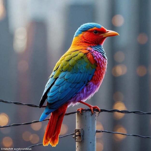 A colorful bird made of translucent crystal perched on an electric wire in the cityin the futurist