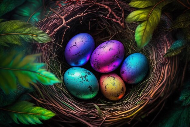 A colorful bird nest with a tree branch and eggs