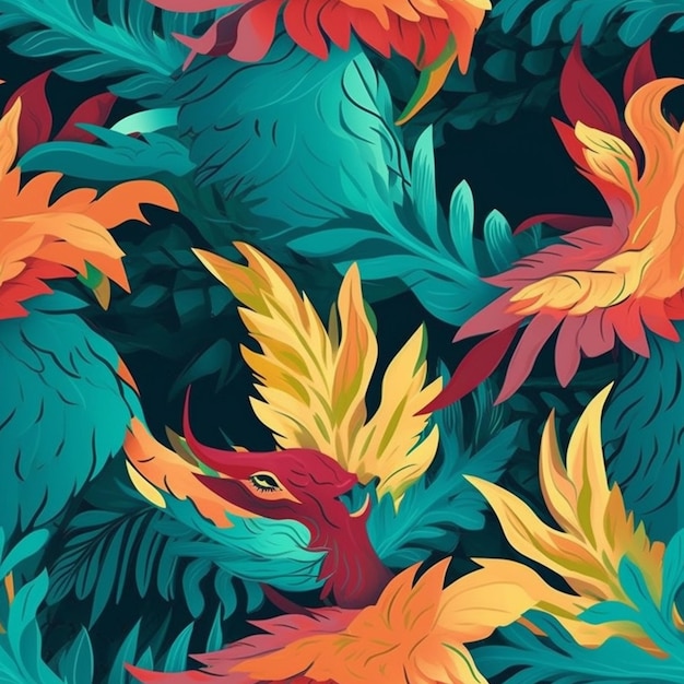 A colorful bird pattern with leaves and flowers on a dark background generative ai