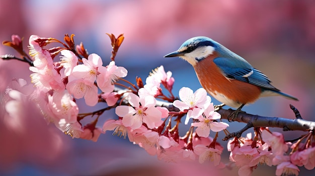 꽃 이 피는 나무 가지 에 서 있는 다채로운 새