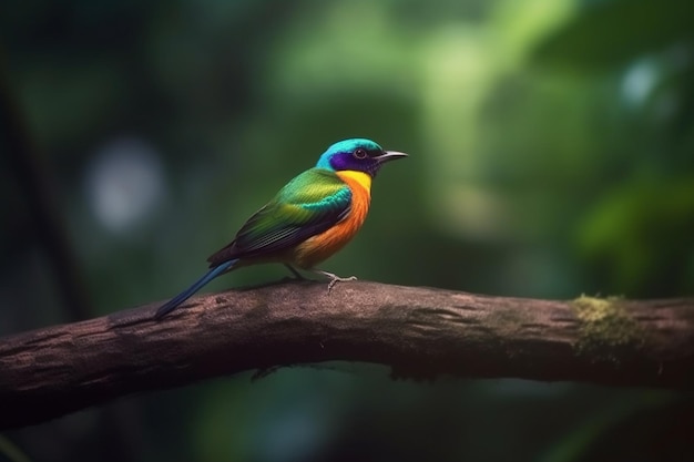 Colorful bird perched on a branch in the rainforest