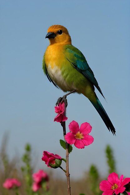 Красочная птица, сидящая на цвете.
