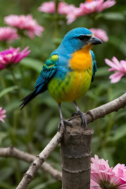 Foto un uccello colorato appoggiato su un fiore