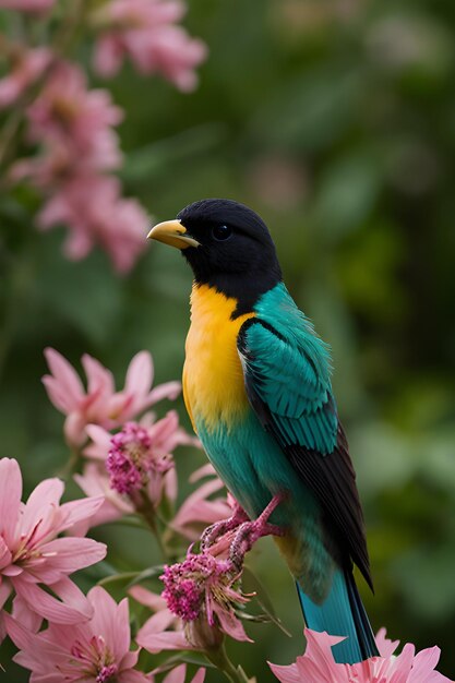 Foto un uccello colorato appoggiato su un fiore