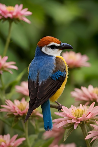 Foto un uccello colorato appoggiato su un fiore