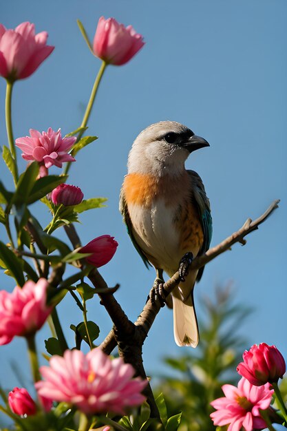 花の上に座っている色とりどりの鳥