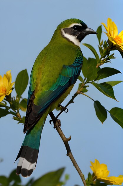 Foto un uccello colorato appoggiato su un fiore