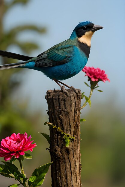 A colorful bird perched on a flower