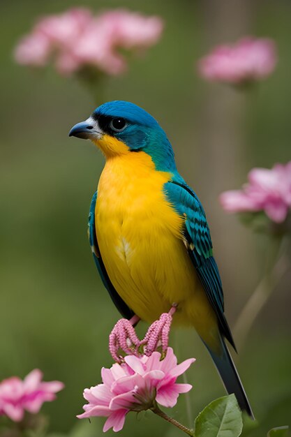 A colorful bird perched on a flower