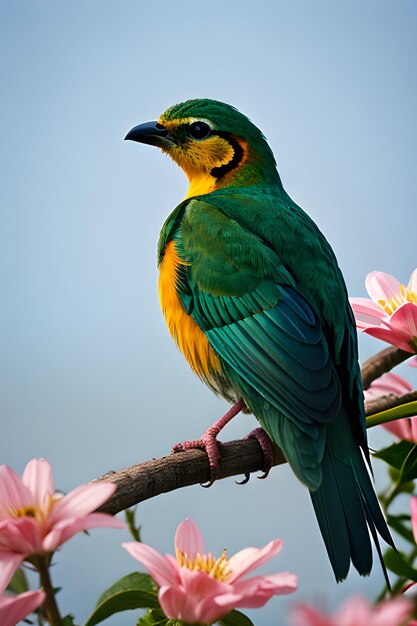 A colorful bird perched on a flower