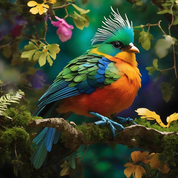 A colorful bird sits on a branch in the forest ai generated