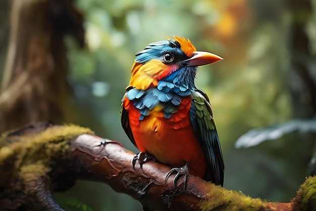 A colorful bird sits on a branch in the forest ai generated