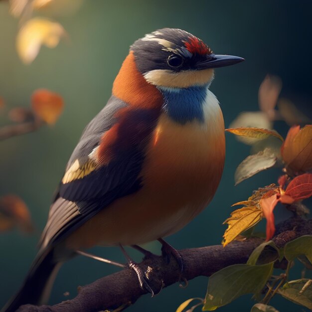 A colorful bird sits on a branch in the forest ai generated