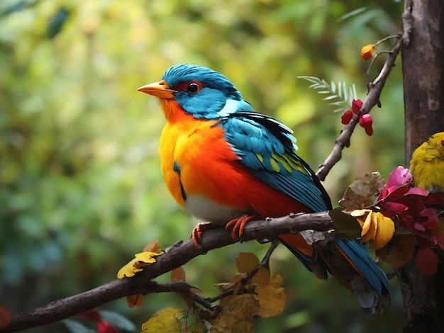 다채로운 새가 숲의 가지에 앉아 AI 생성