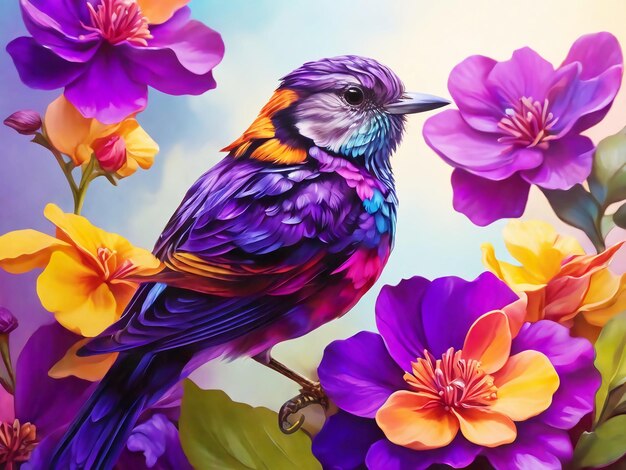 A colorful bird sits on a branch in forest background ai generated