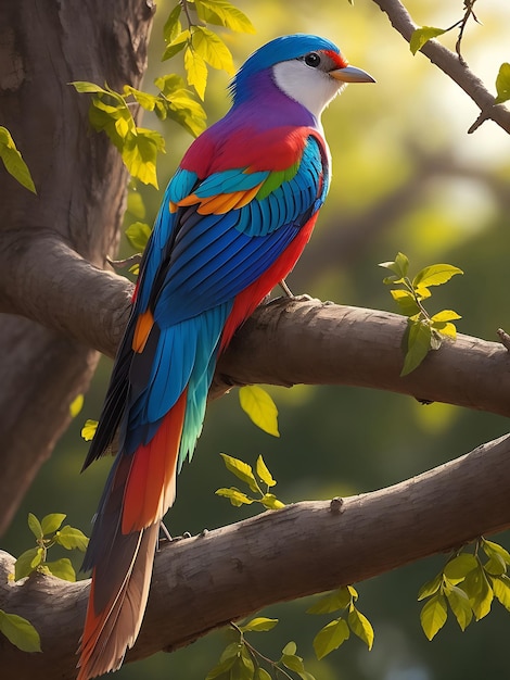 A colorful bird sits on a branch in the forest beauty through its plumage AI generated