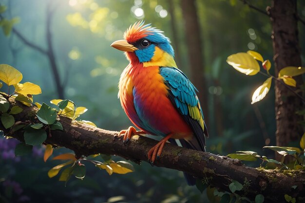 A colorful bird sits on a branch in the forest