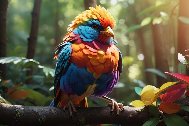 a colorful bird sits on a branch in the forest