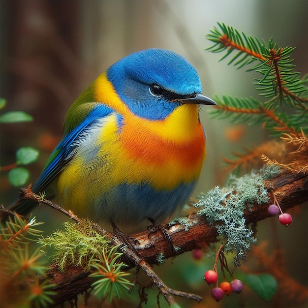 A colorful bird sits on a branch in the forest