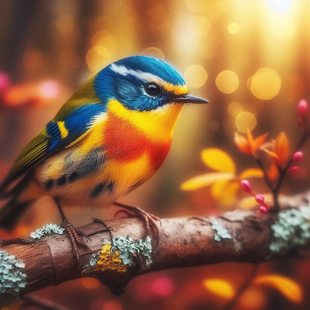 A colorful bird sits on a branch in the forest