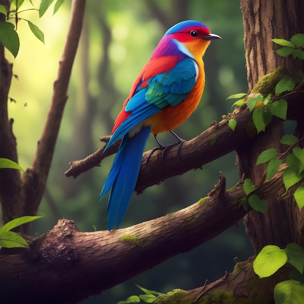 A colorful bird sits on a branch in the forest