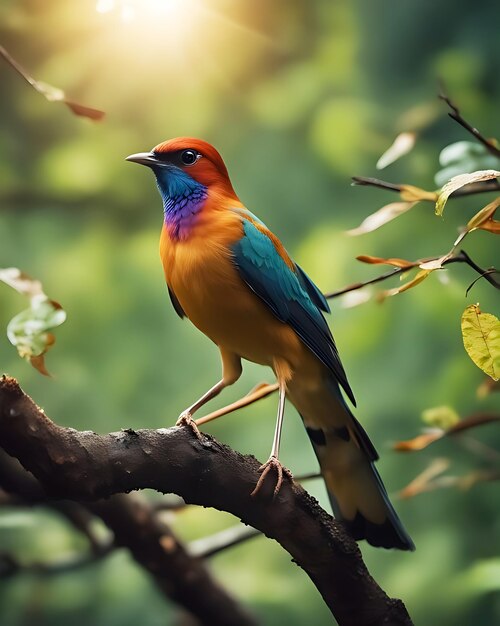 A colorful bird sits on a branch in the forest