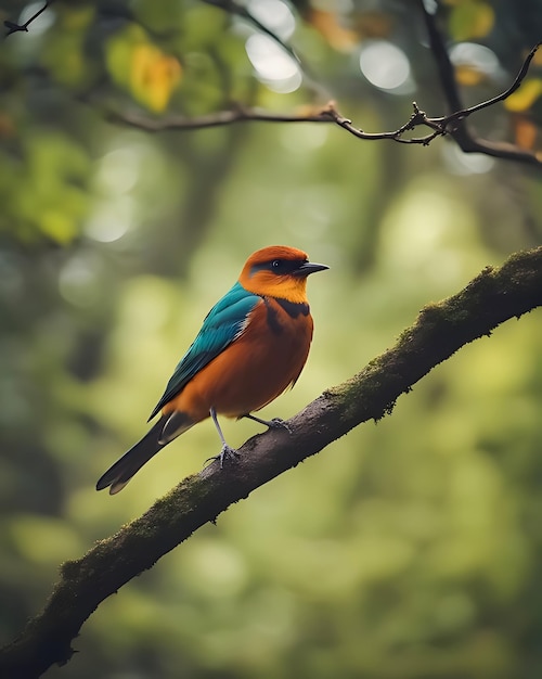 A colorful bird sits on a branch in the forest