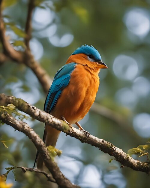 A colorful bird sits on a branch in the forest