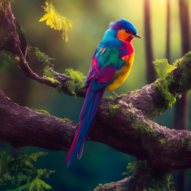 A colorful bird sits on a branch in the forest