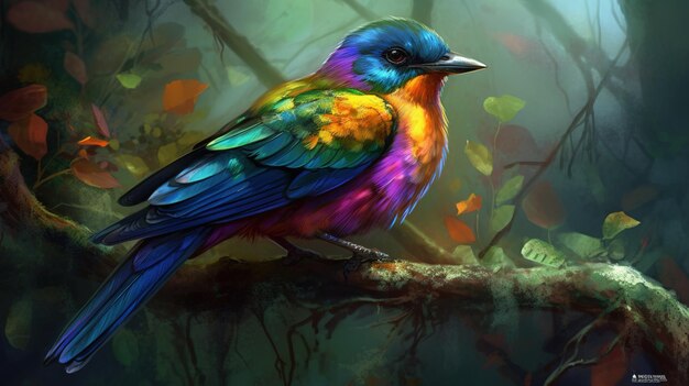 A colorful bird sits on a branch in the forest.