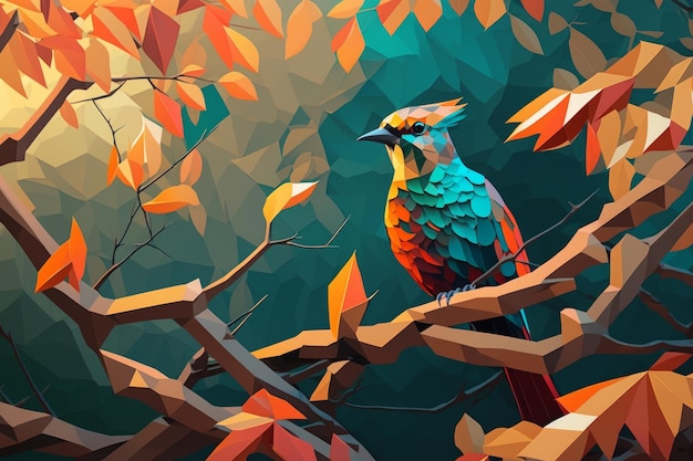 A colorful bird sits on a branch in a forest.
