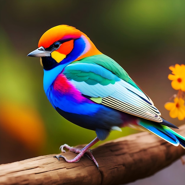 A colorful bird sits on a branch in the forest