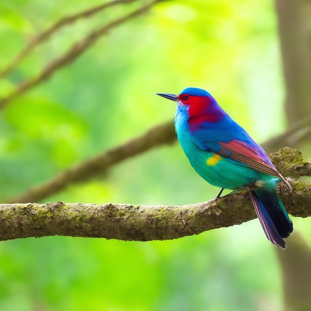 a colorful bird sits on a branch in the forest