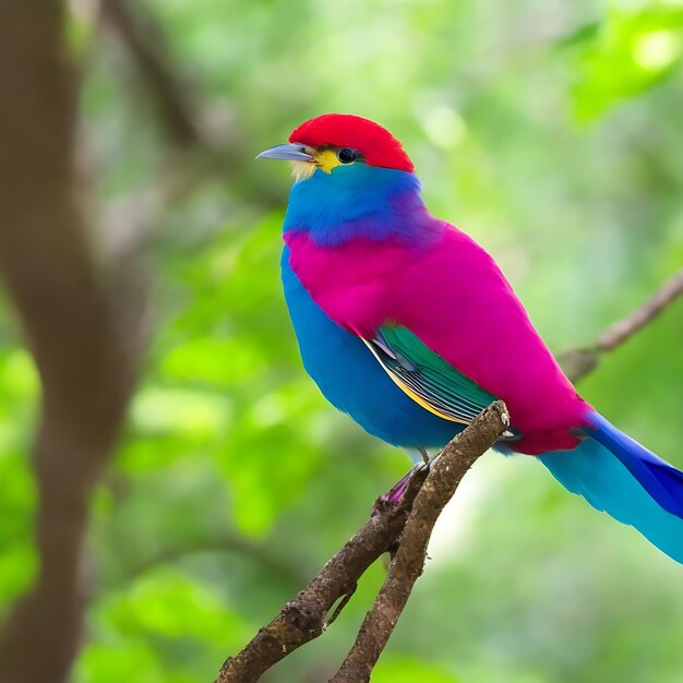 a colorful bird sits on a branch in the forest