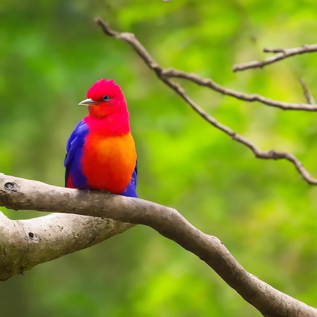 a colorful bird sits on a branch in the forest