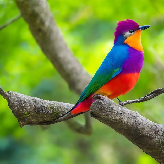 다채로운 새가 숲의 나뭇가지에 앉아 있다