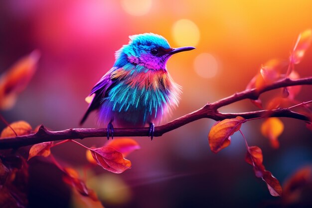 色とりどりの鳥が森の枝の上に座っている